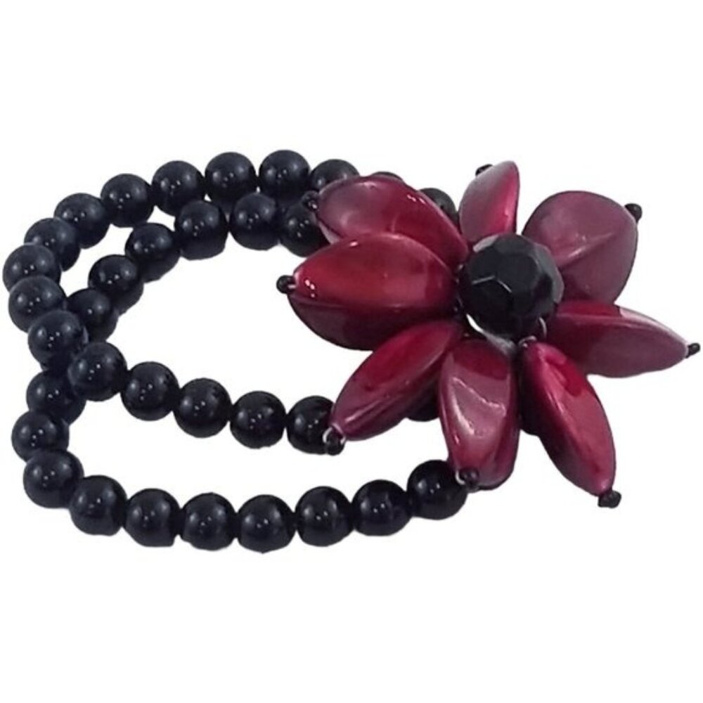 Black Beaded Double Stranded Stretch Bracelet Deep Red Acrylic Flower